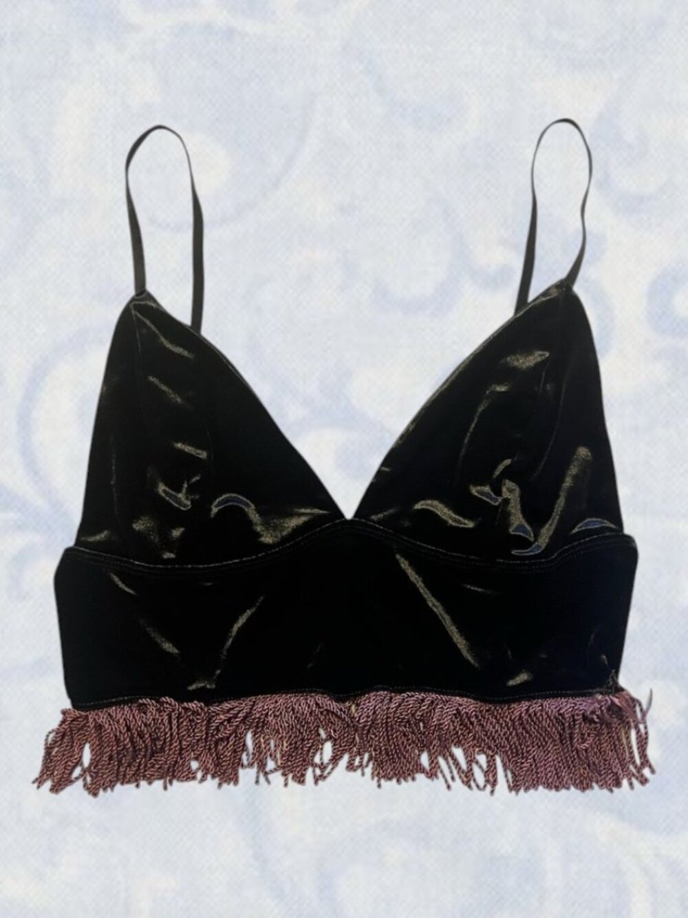 Black Velvet Fringe Cropped Tank Top Small
